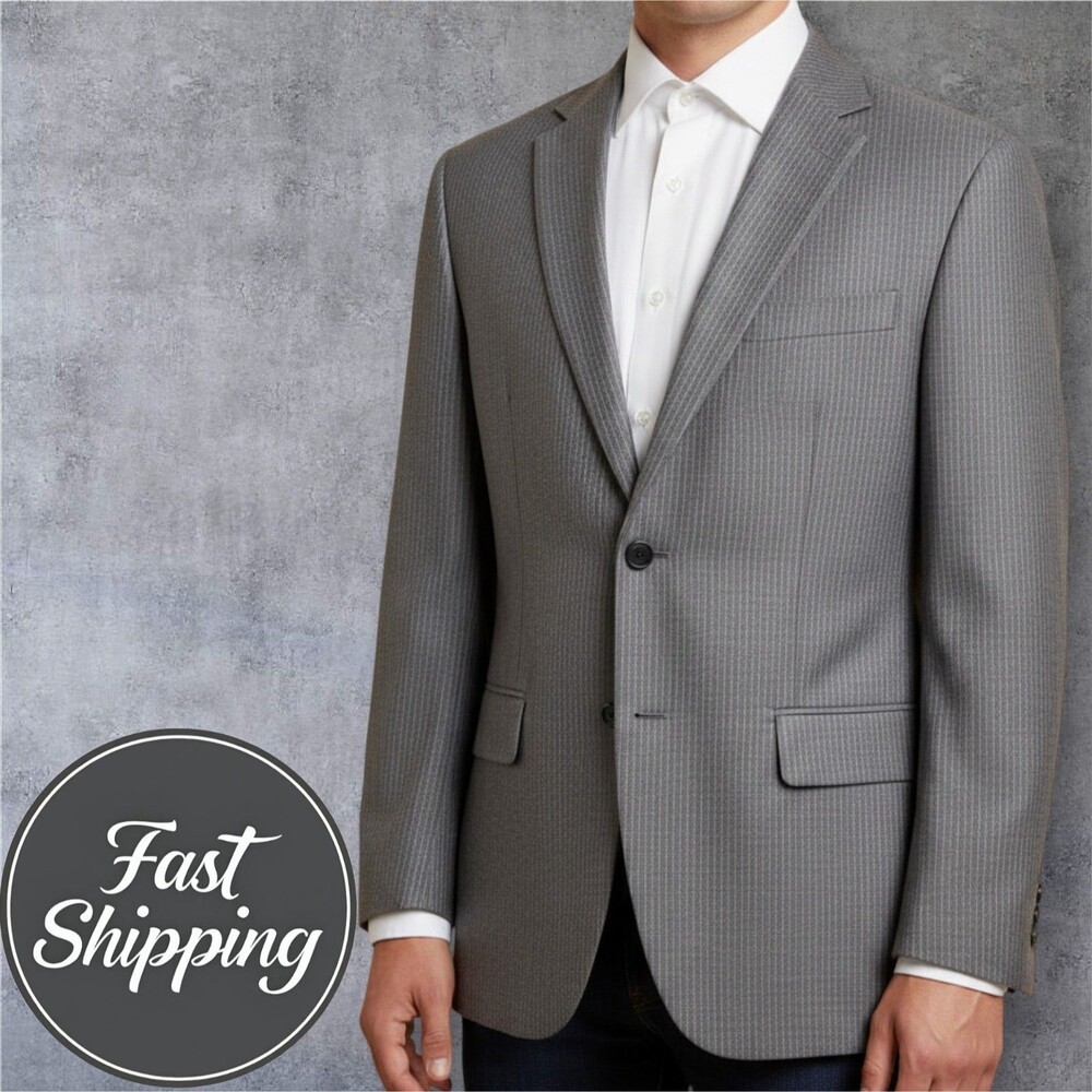 MERONA Mens Blazer Sport Coat Two Button Jacket 42R Gray Striped Suit Jacket